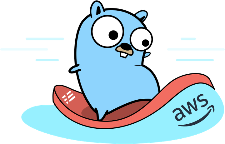 gopher surfing on a board with an AWS logo on the water wave